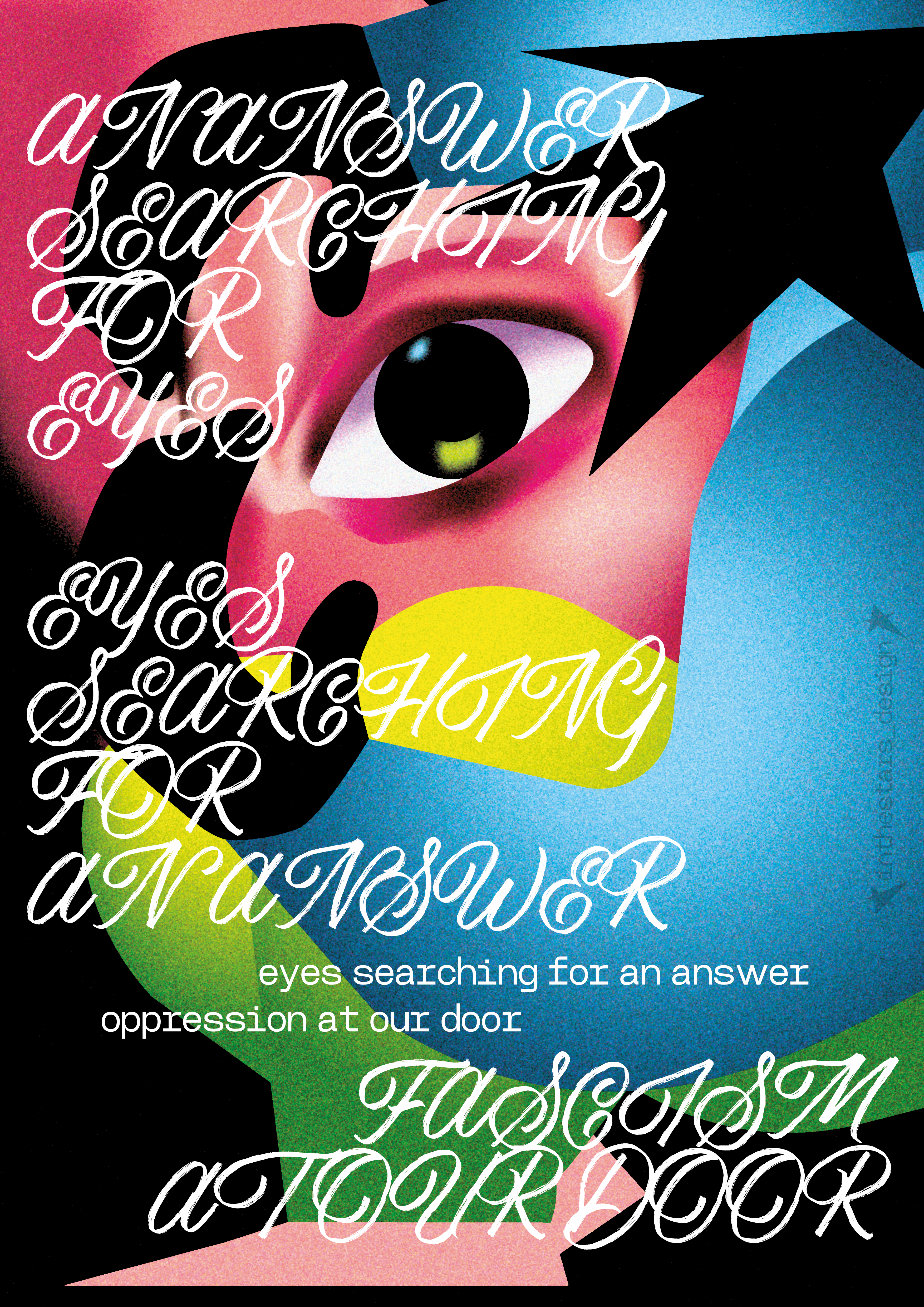 Illustration d'un oeil au milieu nous regardant directement avec un personnage à tête d'étoile le tenant. Version rose, verte et bleu